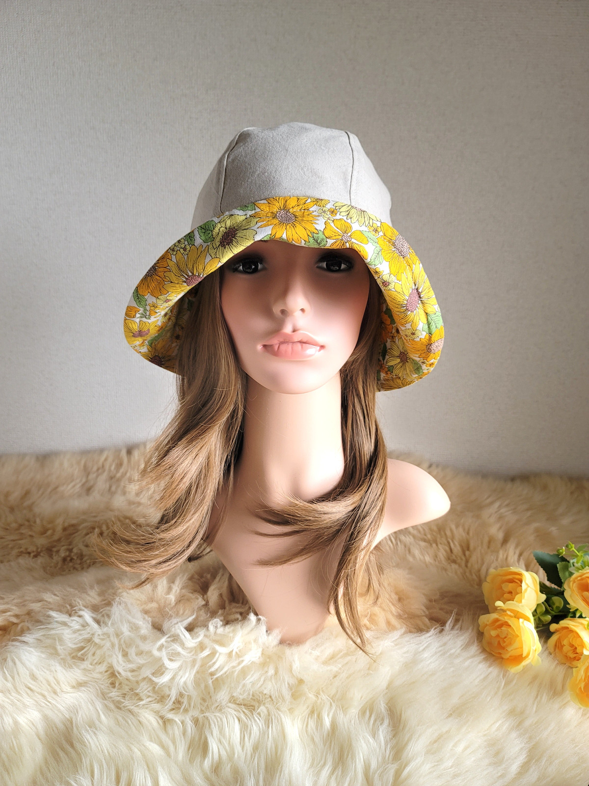 フィット hat★約60㎝★ナチュラルベージュ★cottonリネン×イエローFlower