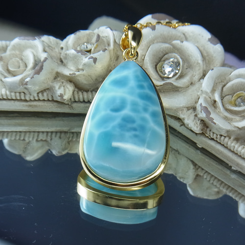 美品/一点もの】大粒 ラリマー ペンダント 美しい 雫型 波 ブルー 透明  