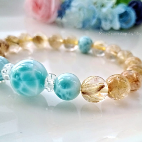 ✿美麗12 .5㍉珠極上ラリマー&タイチンゴールドルチルクォーツ豪華な