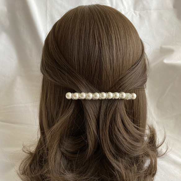 ヘアアクセサリー バレッタ シルバー 大きめ パール コットンパール ビーズ お呼ばれ ウエディング 母の日 13枚目の画像