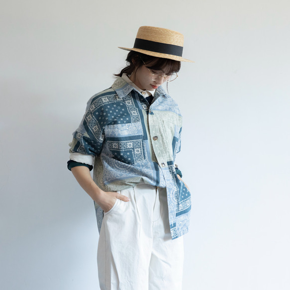 藍色印花 日系山系男朋友中性襯衫 外套 做舊印花襯衣 第7張的照片