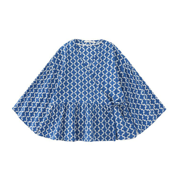 藍白花朵印花 日系鹽縮純棉薄系帶外套 寶藍克萊因藍 寬松上衣 第16張的照片