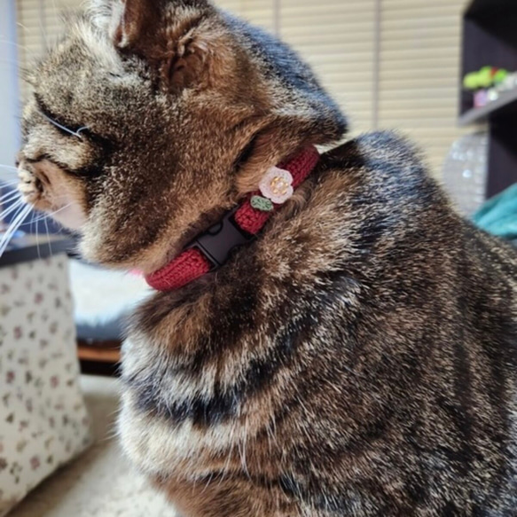 お花　シック　猫さんにやさしい首輪【かぎ針編み　猫の首輪　猫　首輪　セーフティバックル　アジャスター　軽い】 6枚目の画像