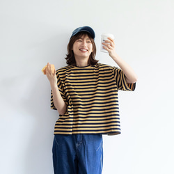 黃色條紋 藍染染色寬松短款T恤 中性韓國棉麻條紋 第9張的照片