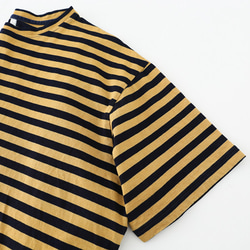 イエロー ストライプ インディゴ染め ルーズ ショート Tシャツ ユニセックス 韓国 コットン リネン ストライプ 2枚目の画像