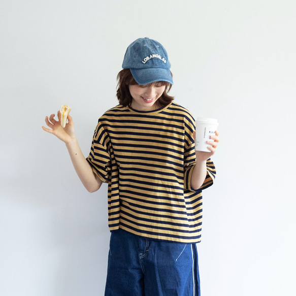 黃色條紋 藍染染色寬松短款T恤 中性韓國棉麻條紋 第10張的照片