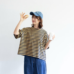黃色條紋 藍染染色寬松短款T恤 中性韓國棉麻條紋 第6張的照片