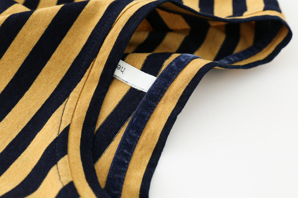 イエロー ストライプ インディゴ染め ルーズ ショート Tシャツ ユニセックス 韓国 コットン リネン ストライプ 14枚目の画像
