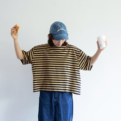 黃色條紋 藍染染色寬松短款T恤 中性韓國棉麻條紋 第4張的照片