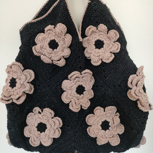 ハンドメイド グラニーバッグ No 36 花柄刺繍＋茶色かすり模様