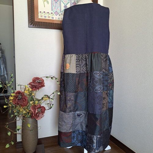 ハンドメイド✿木綿浴衣リメイクノースリーブギャザーワンピース