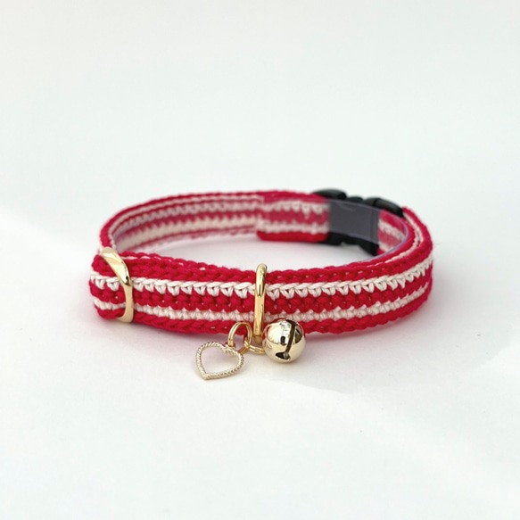 ボーダー　ハート　チャーム　猫さんにやさしい首輪【かぎ針編み　猫の首輪　猫　首輪　セーフティバックル　軽い】 10枚目の画像