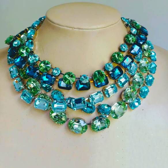 5連 クリスタル ビジュー ゴージャス ネックレス グリーン ブルー