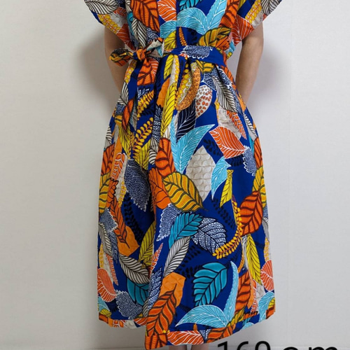 アフリカ布 アフリカン フレンチスリーブ ワンピース カラフルリーブス