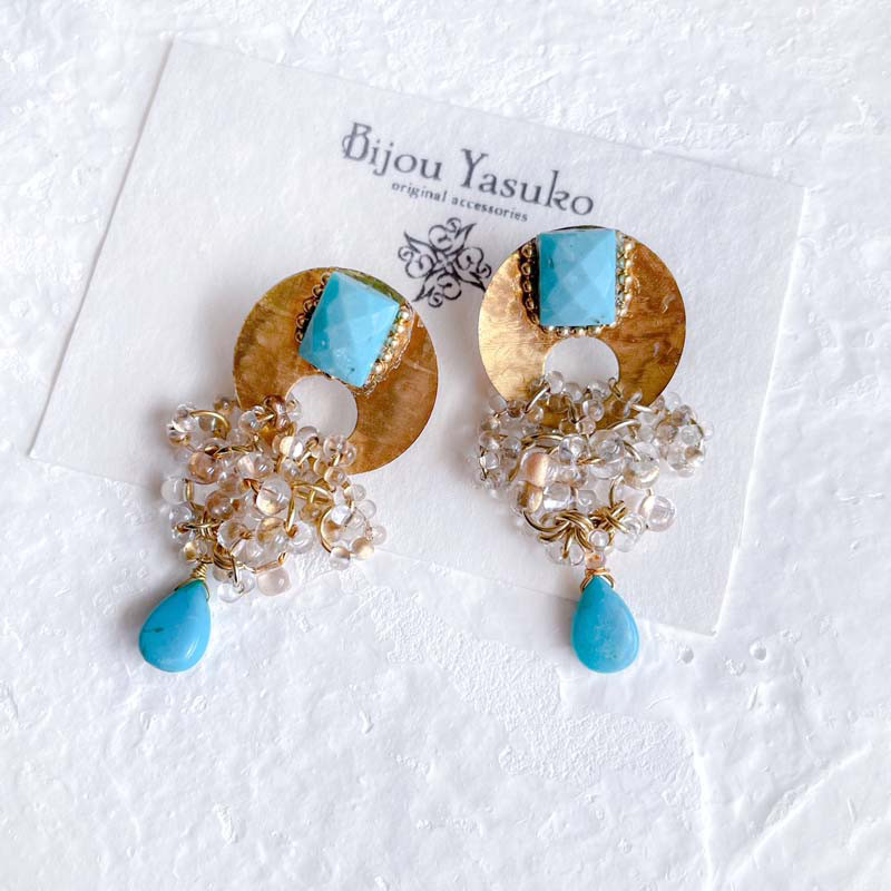 ブルー ターコイズ フープピアス・イヤリング ゴールド ヴィンテージ 揺れる ターコイズ イヤリング 大ぶり