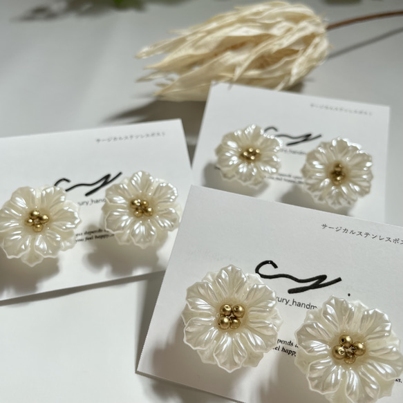 pearl double flower ピアス/イヤリング ハンドメイドアクセサリー 