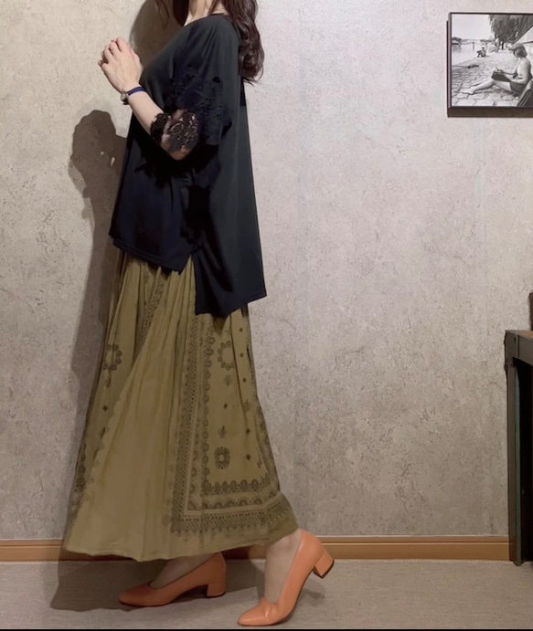 ふんわり後染めボイルプリント　フレアふんわり　ギャザースカート　ロング　マキシ　上質 5枚目の画像