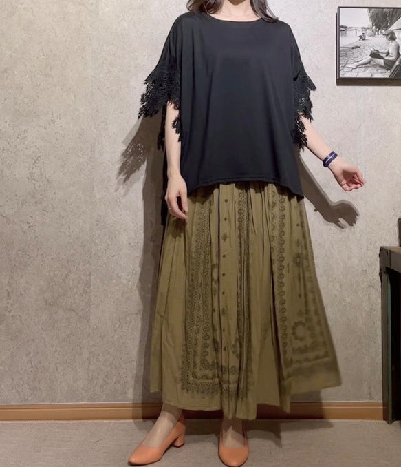 ふんわり後染めボイルプリント　フレアふんわり　ギャザースカート　ロング　マキシ　上質 3枚目の画像