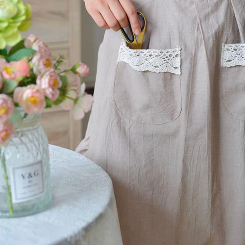 綿麻エプロンリネン シンプルおしゃれ カフェ料理 DIY男女ピンク