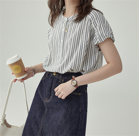 レディース夏のラウンドネックストライプブラウス半袖トップス