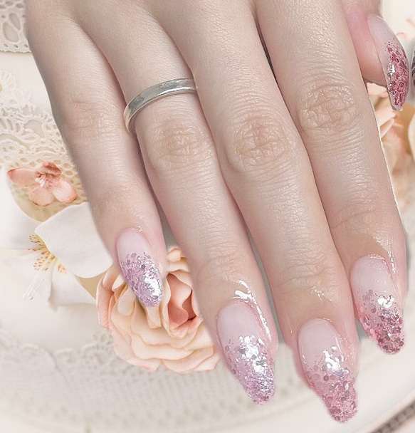 &Co. 高品質ネイルチップ【ちゅるるんピンク×ラメ】オフィス　ヌーディー 人気》ちゅるんとヌーディネイル♡ オフィスネイル ピンク