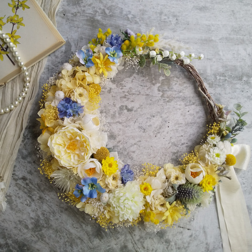 ◇初夏のリース◇ミモザとクラスぺディアのリース◇ナチュラルリース