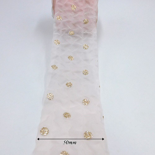 シワ加工シフォンドットリボン（Gold dots / Baby Pink）50mm