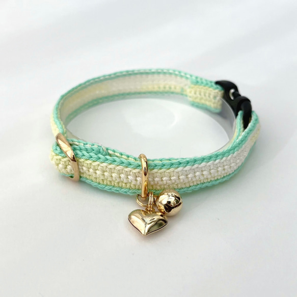 ミックス　ハートチャーム　猫さんにやさしい首輪【かぎ針編み　猫の首輪　猫　首輪　セーフティバックル　アジャスター　軽い】 12枚目の画像