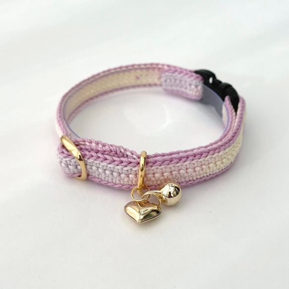ミックス　ハートチャーム　猫さんにやさしい首輪【かぎ針編み　猫の首輪　猫　首輪　セーフティバックル　アジャスター　軽い】 5枚目の画像