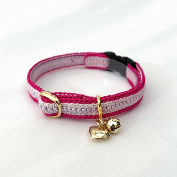 ミックス　ハートチャーム　猫さんにやさしい首輪【かぎ針編み　猫の首輪　猫　首輪　セーフティバックル　アジャスター　軽い】 17枚目の画像