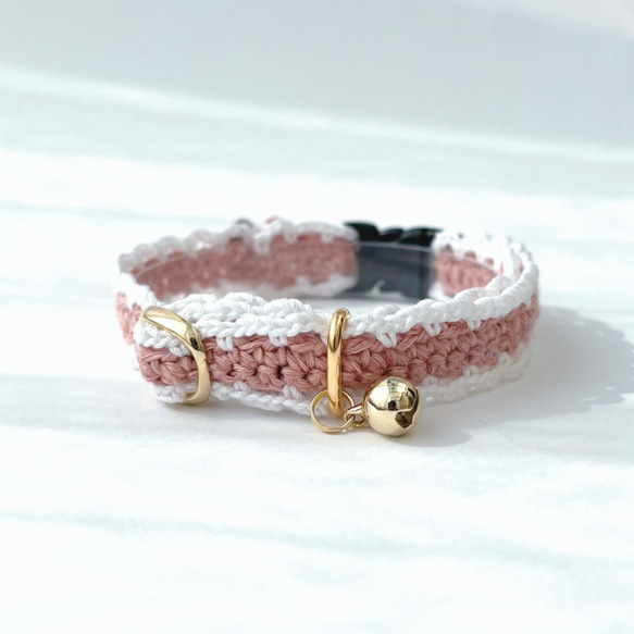 ハート　フリル　猫さんにやさしい首輪【かぎ針編み　猫の首輪　猫　首輪　セーフティバックル　アジャスター　リネン　軽い】 10枚目の画像