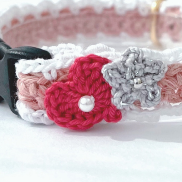 ハート　フリル　猫さんにやさしい首輪【かぎ針編み　猫の首輪　猫　首輪　セーフティバックル　アジャスター　リネン　軽い】 2枚目の画像