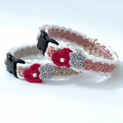 ハート　フリル　猫さんにやさしい首輪【かぎ針編み　猫の首輪　猫　首輪　セーフティバックル　アジャスター　リネン　軽い】 1枚目の画像