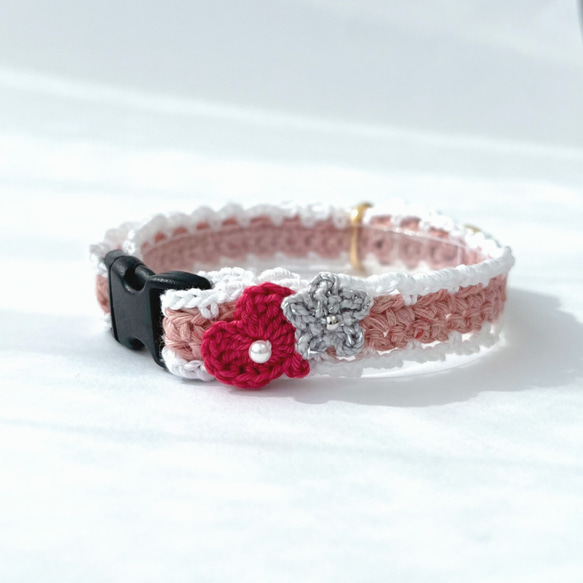 ハート　フリル　猫さんにやさしい首輪【かぎ針編み　猫の首輪　猫　首輪　セーフティバックル　アジャスター　リネン　軽い】 9枚目の画像