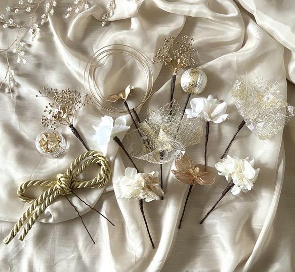 《送料無料》髪飾り ゴールドフラワー×ホワイト 和装 成人式 卒業式 水引 和紐 チュールレース 4枚目の画像