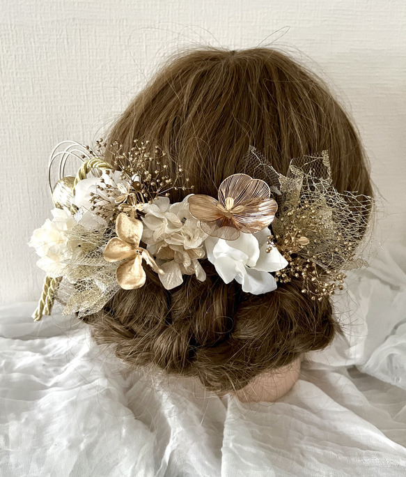 《送料無料》髪飾り ゴールドフラワー×ホワイト 和装 成人式 卒業式 水引 和紐 チュールレース 2枚目の画像