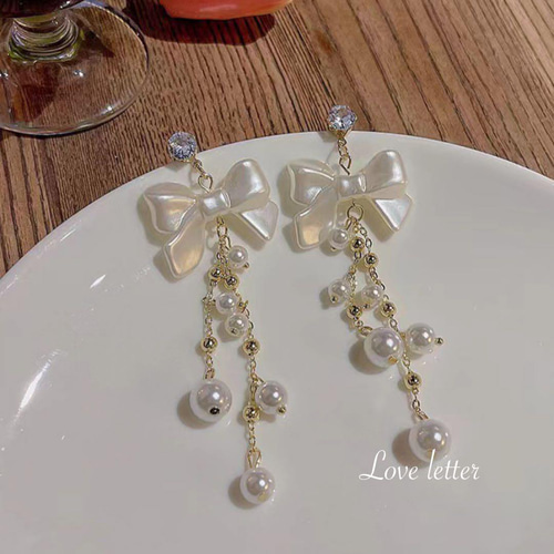 量産型ホワイトリボンパールビジューピアス イヤリング 韓国 地雷 春夏