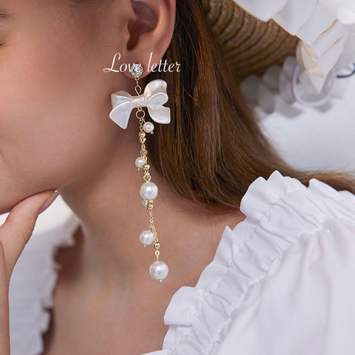 量産型ホワイトリボンパールビジューピアス イヤリング 韓国 地雷 春夏