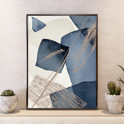 現代抽象繪畫米色海軍藍色水彩風格/室內海報外國藝術 3 件套 / 5131 第3張的照片