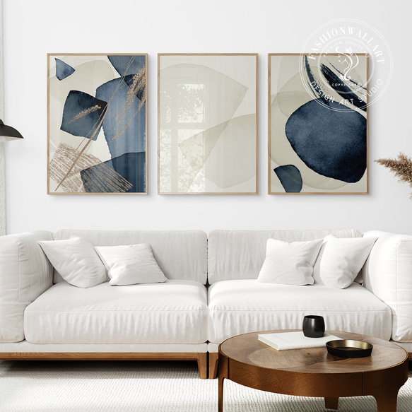 現代抽象繪畫米色海軍藍色水彩風格/室內海報外國藝術 3 件套 / 5131 第1張的照片