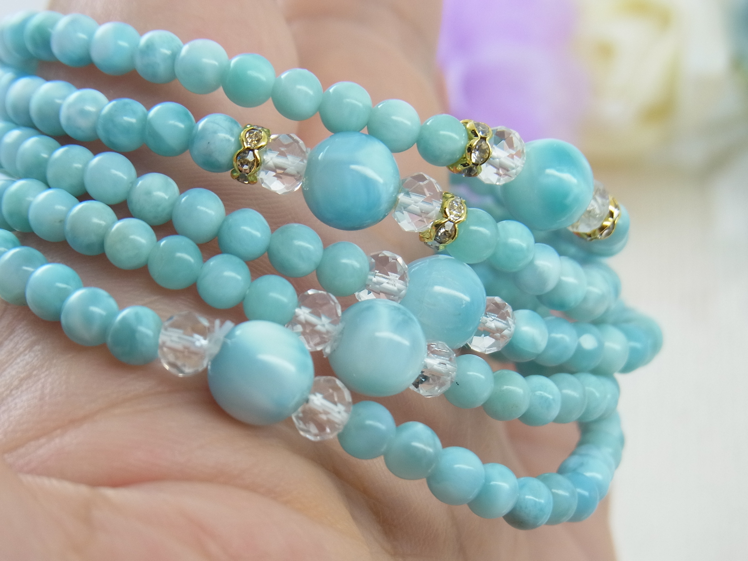 ♡ラリマー＆小粒ラリマー♡華奢で細見♡夏のブルー♡癒し♡軽やか♡フェミニン♡天然石ブレスレット♡パワー・ストーン♡H67