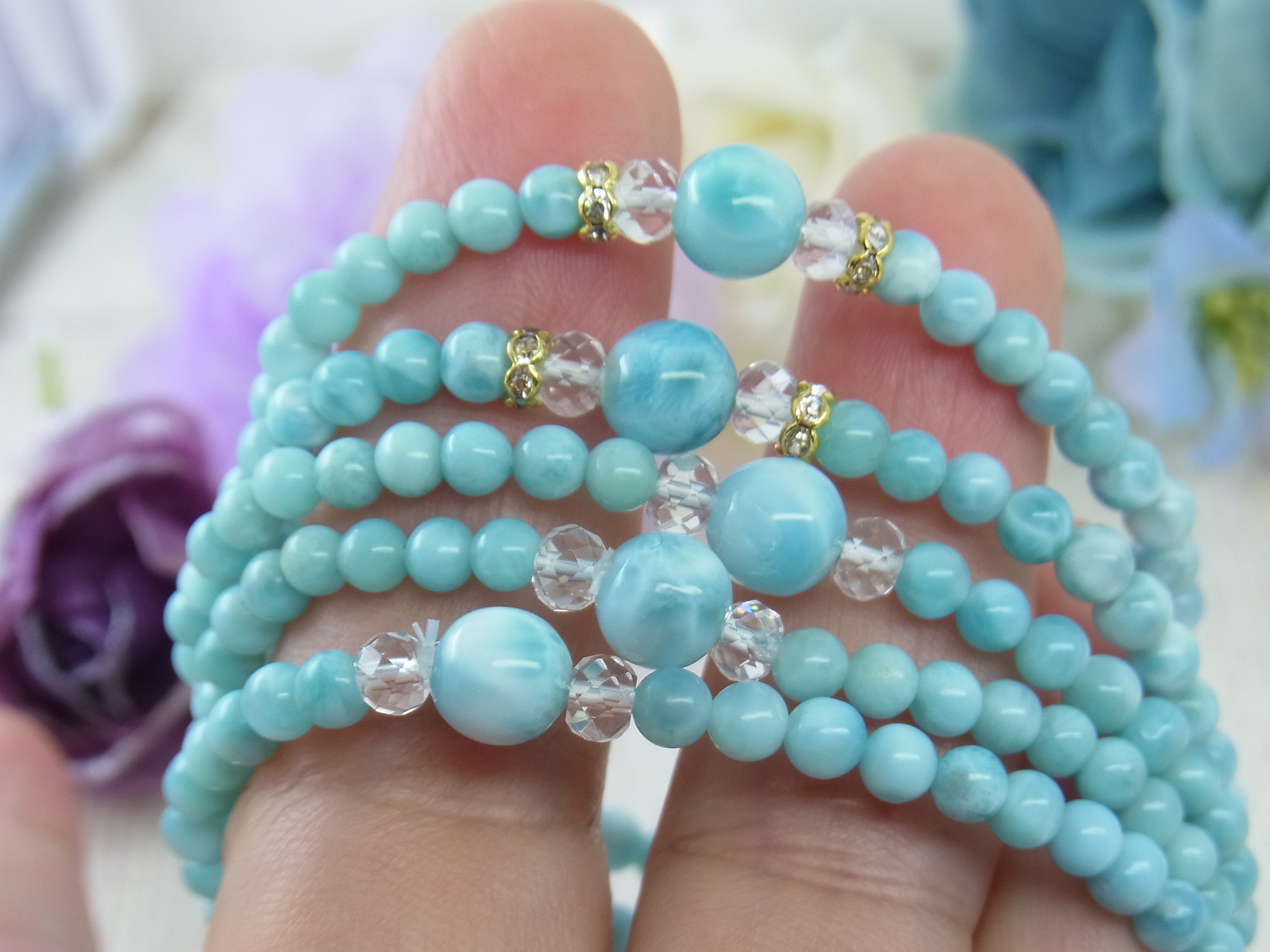 ♡ラリマー＆小粒ラリマー♡華奢で細見♡夏のブルー♡癒し♡軽やか♡フェミニン♡天然石ブレスレット♡パワー・ストーン♡H67