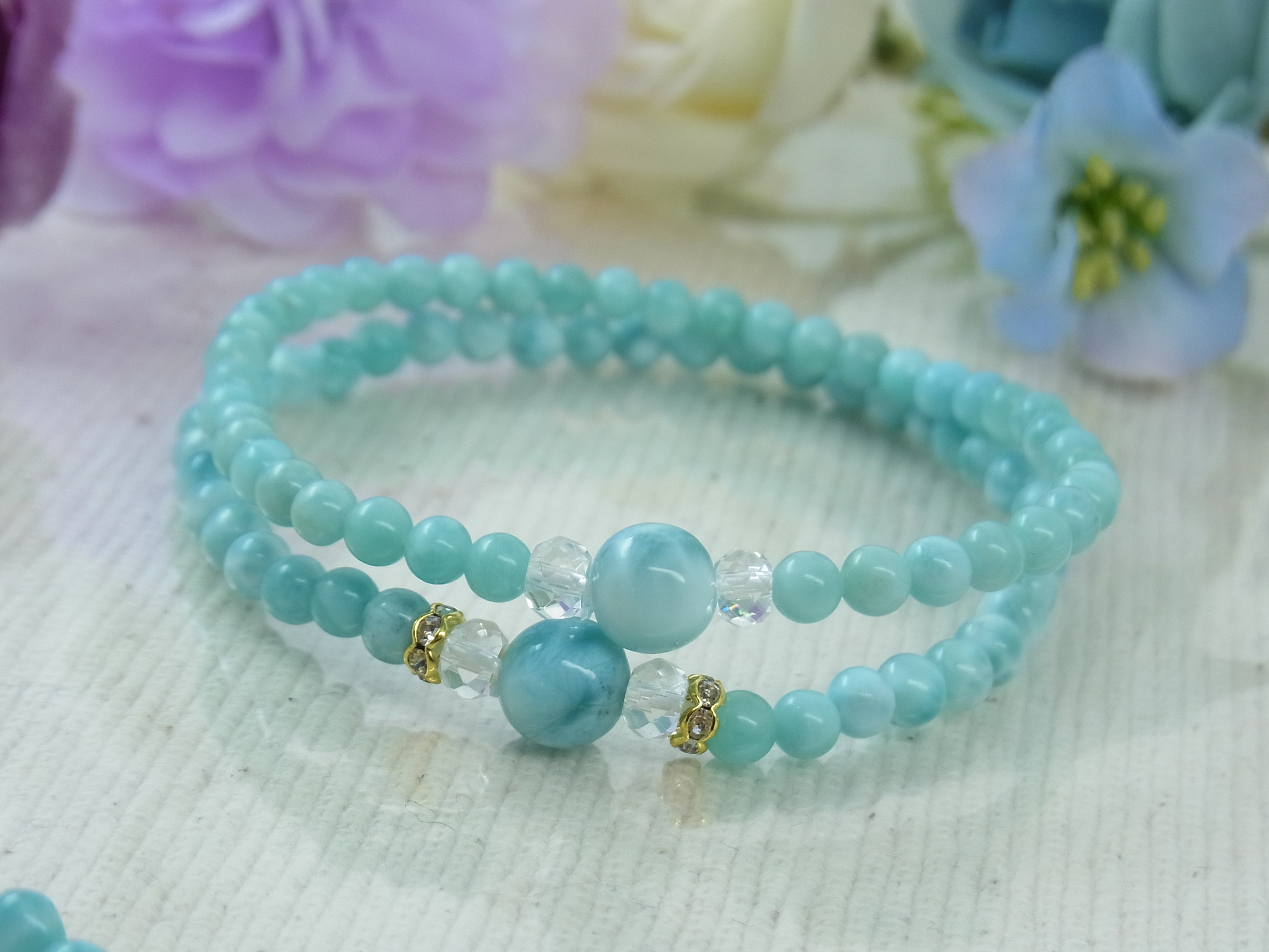 ♡ラリマー＆小粒ラリマー♡華奢で細見♡夏のブルー♡癒し♡軽やか♡フェミニン♡天然石ブレスレット♡パワー・ストーン♡H67