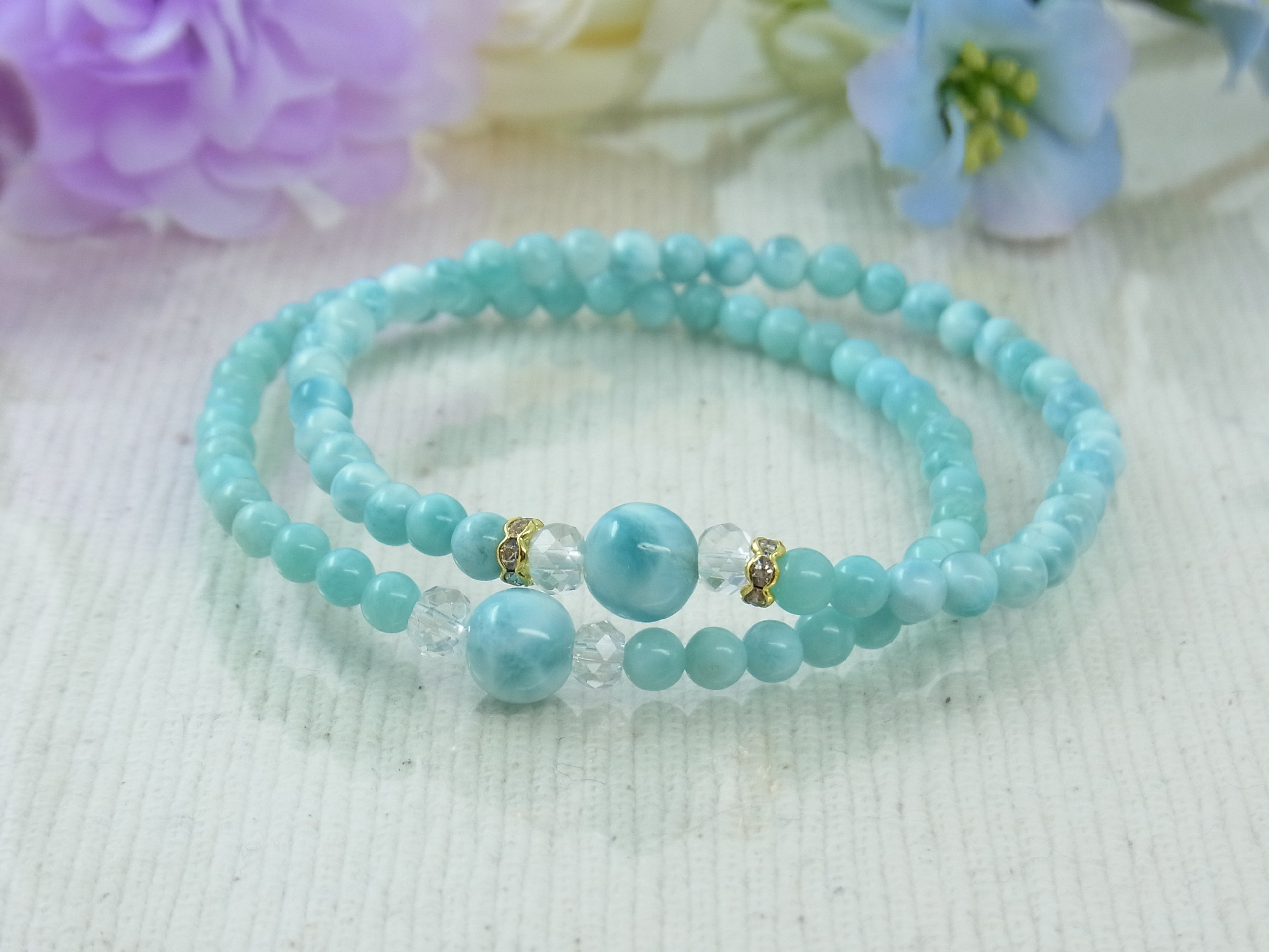 ♡ラリマー＆小粒ラリマー♡華奢で細見♡夏のブルー♡癒し♡軽やか♡フェミニン♡天然石ブレスレット♡パワー・ストーン♡H67