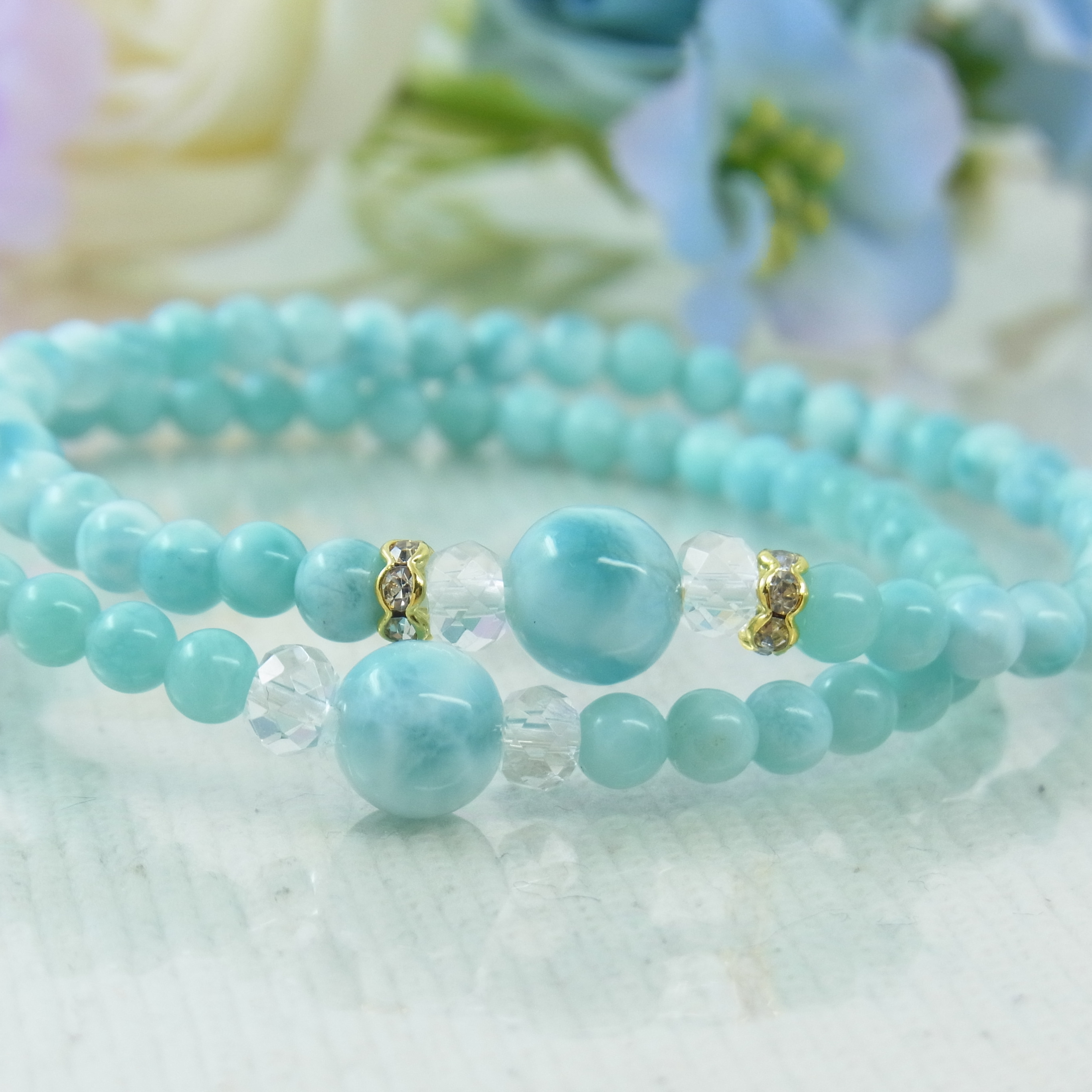♡ラリマー＆小粒ラリマー♡華奢で細見♡夏のブルー♡癒し♡軽やか♡フェミニン♡天然石ブレスレット♡パワー・ストーン♡H67