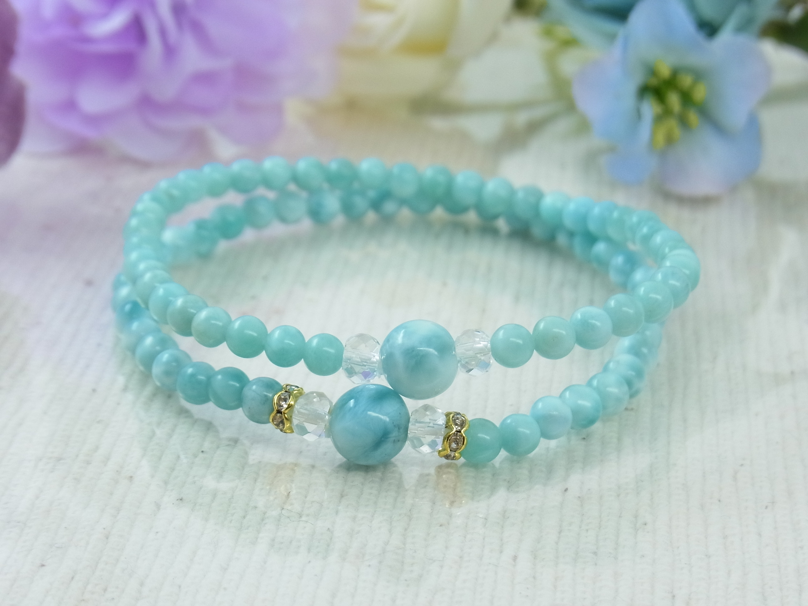♡ラリマー＆小粒ラリマー♡華奢で細見♡夏のブルー♡癒し♡軽やか♡フェミニン♡天然石ブレスレット♡パワー・ストーン♡H67
