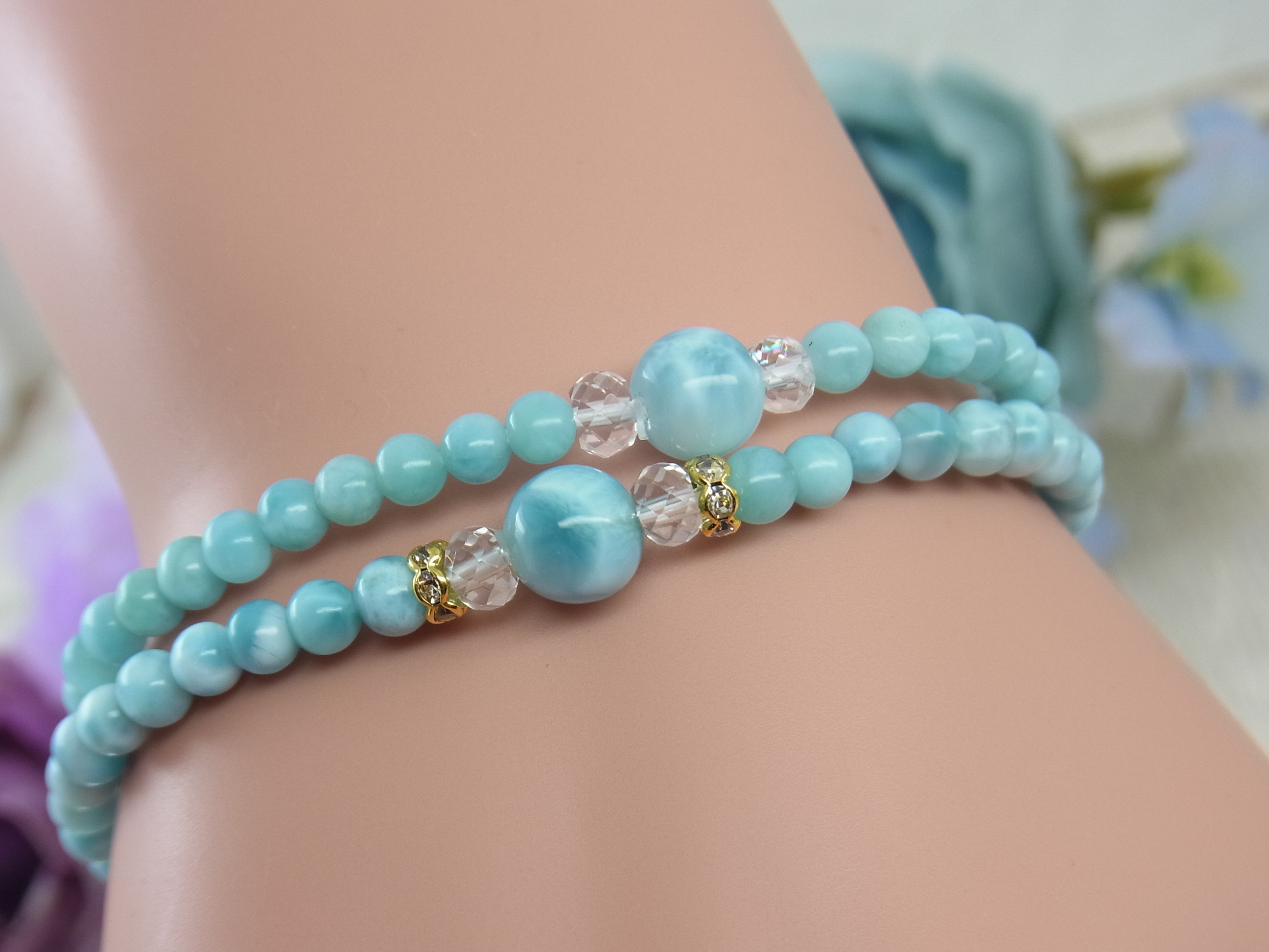 ♡ラリマー＆小粒ラリマー♡華奢で細見♡夏のブルー♡癒し♡軽やか♡フェミニン♡天然石ブレスレット♡パワー・ストーン♡H67