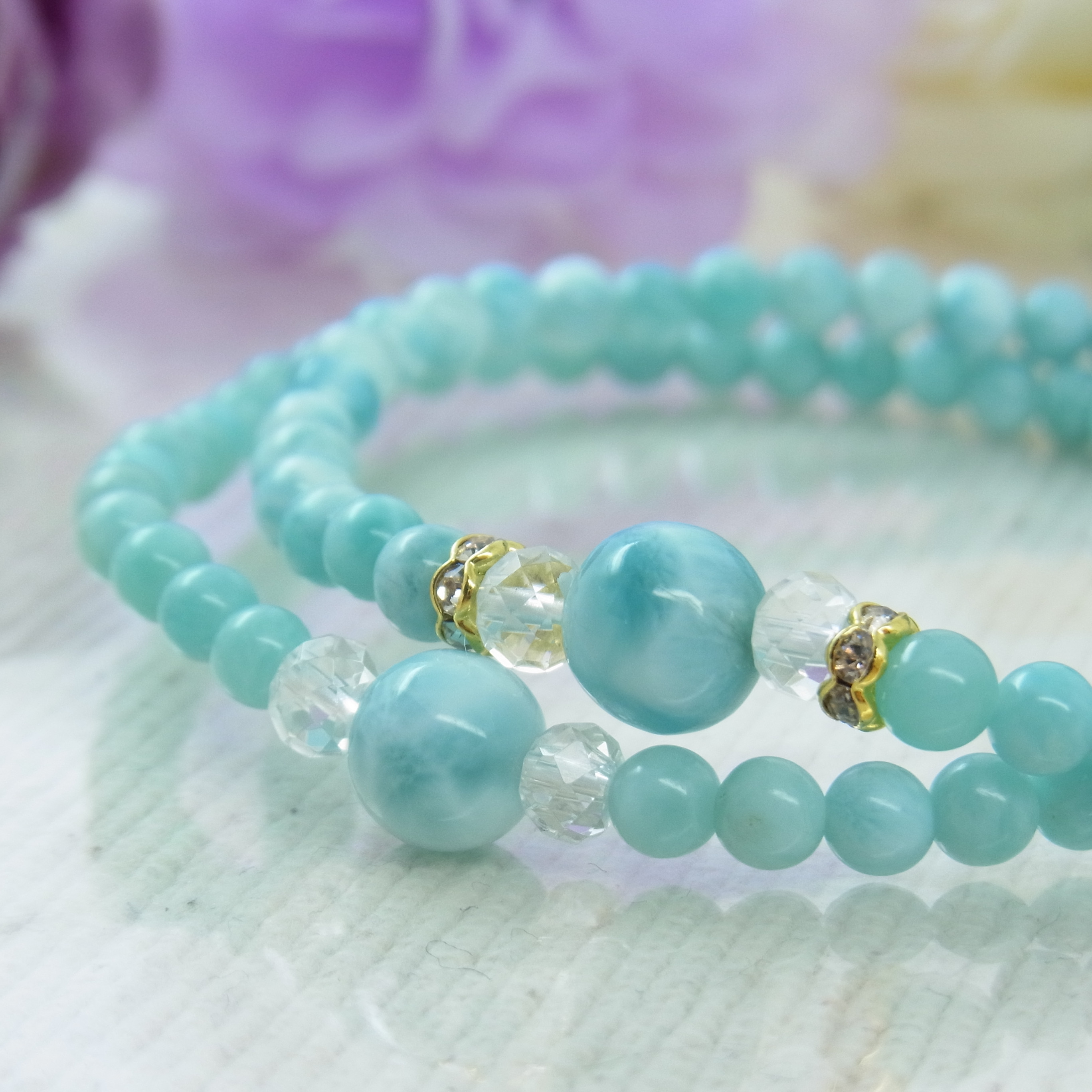 ♡ラリマー＆小粒ラリマー♡華奢で細見♡夏のブルー♡癒し♡軽やか♡フェミニン♡天然石ブレスレット♡パワー・ストーン♡H67天然石 ブレスレット