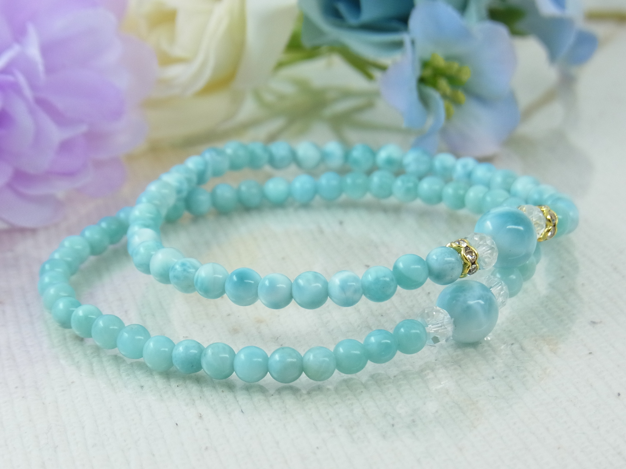 ♡ラリマー＆小粒ラリマー♡華奢で細見♡夏のブルー♡癒し♡軽やか♡フェミニン♡天然石ブレスレット♡パワー・ストーン♡H67