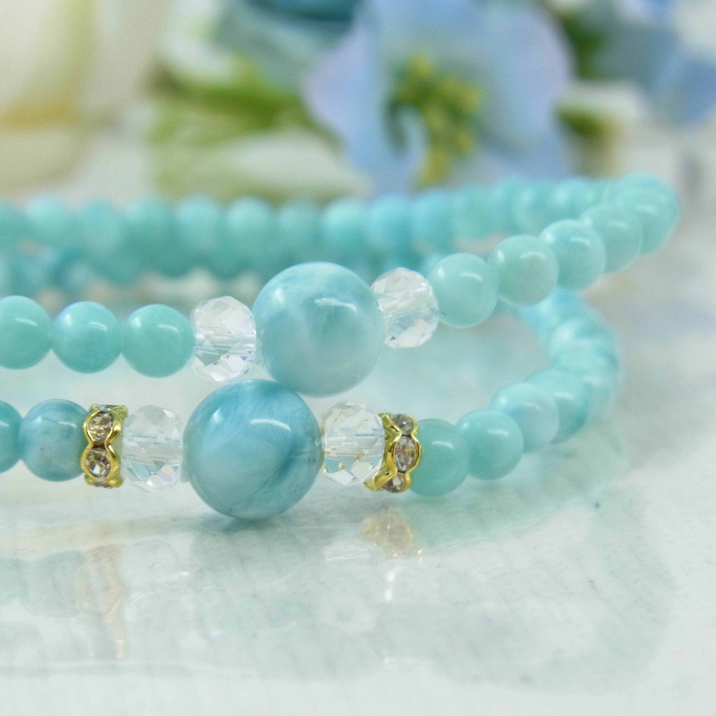 ♡ラリマー＆小粒ラリマー♡華奢で細見♡夏のブルー♡癒し♡軽やか♡フェミニン♡天然石ブレスレット♡パワー・ストーン♡H67